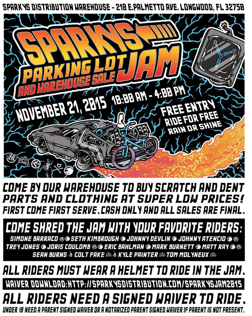Sparky's parking lot and warehouse Jam Longwood Mr. Bikes n Boards