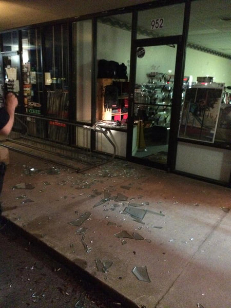 Broken front window and theft at Mr. B's