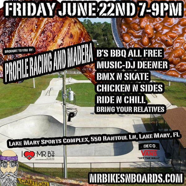 B's BBQ at Lake Mary Skatepark June 22 7-9pm